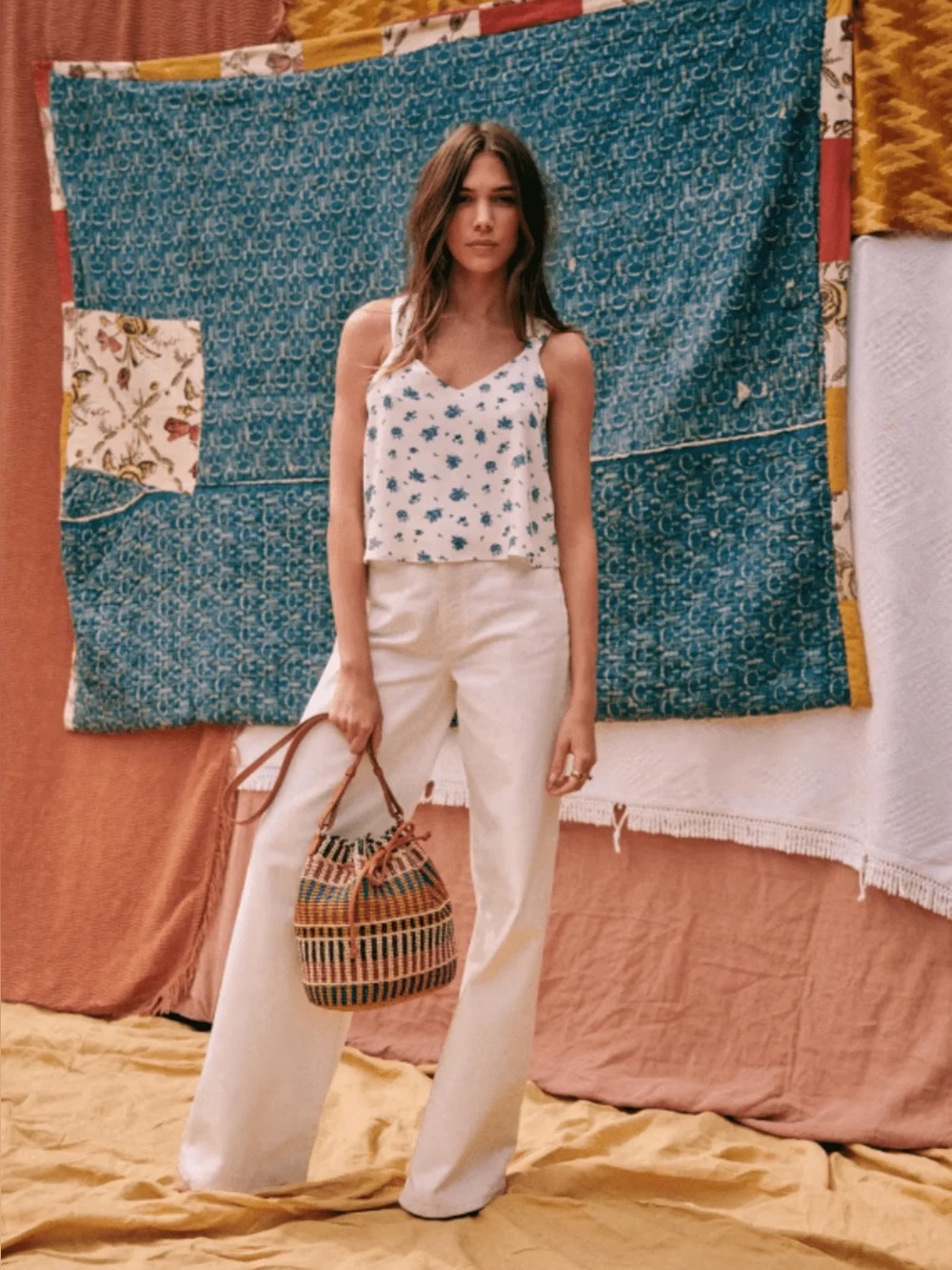 Sézane White Cami with Blue Floral Print